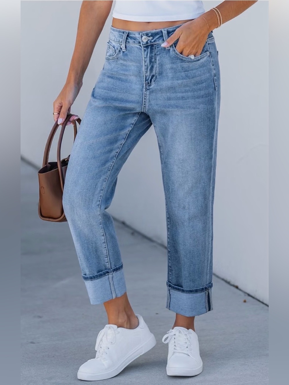 Luvamia High Rise Straight Leg Cuffed Jeans